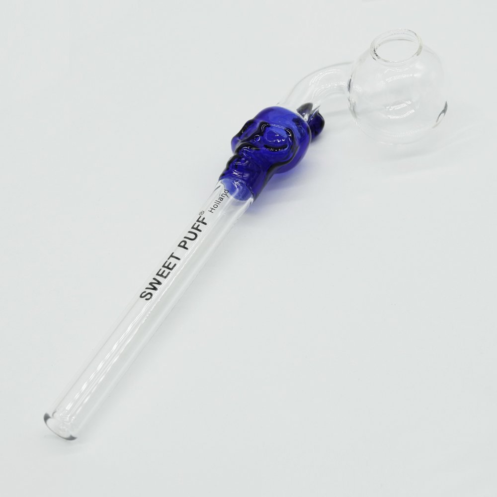Skull Sweet Puff Glass Pipe 14cm Blue Skull and Balancer Pack X2
