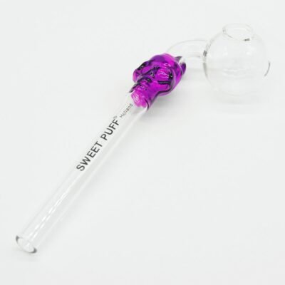 Skull Sweet Puff Glass Pipe 14cm Pink and Balancer Pack X12