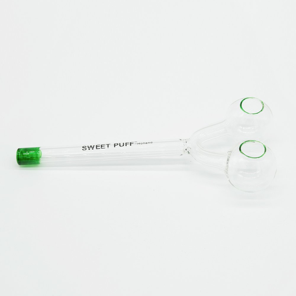 Sweet Puff Glass Pipe Straight Twin Bowl 15cm Green Tip - Image 4